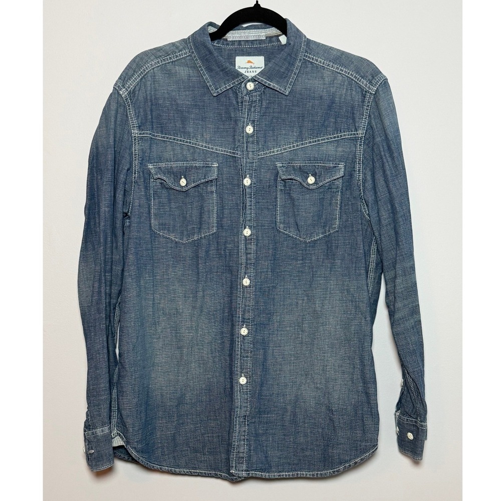 Tommy Bahama Jeans Mens Large Blue Chambray Western Button Down Shirt TD35042